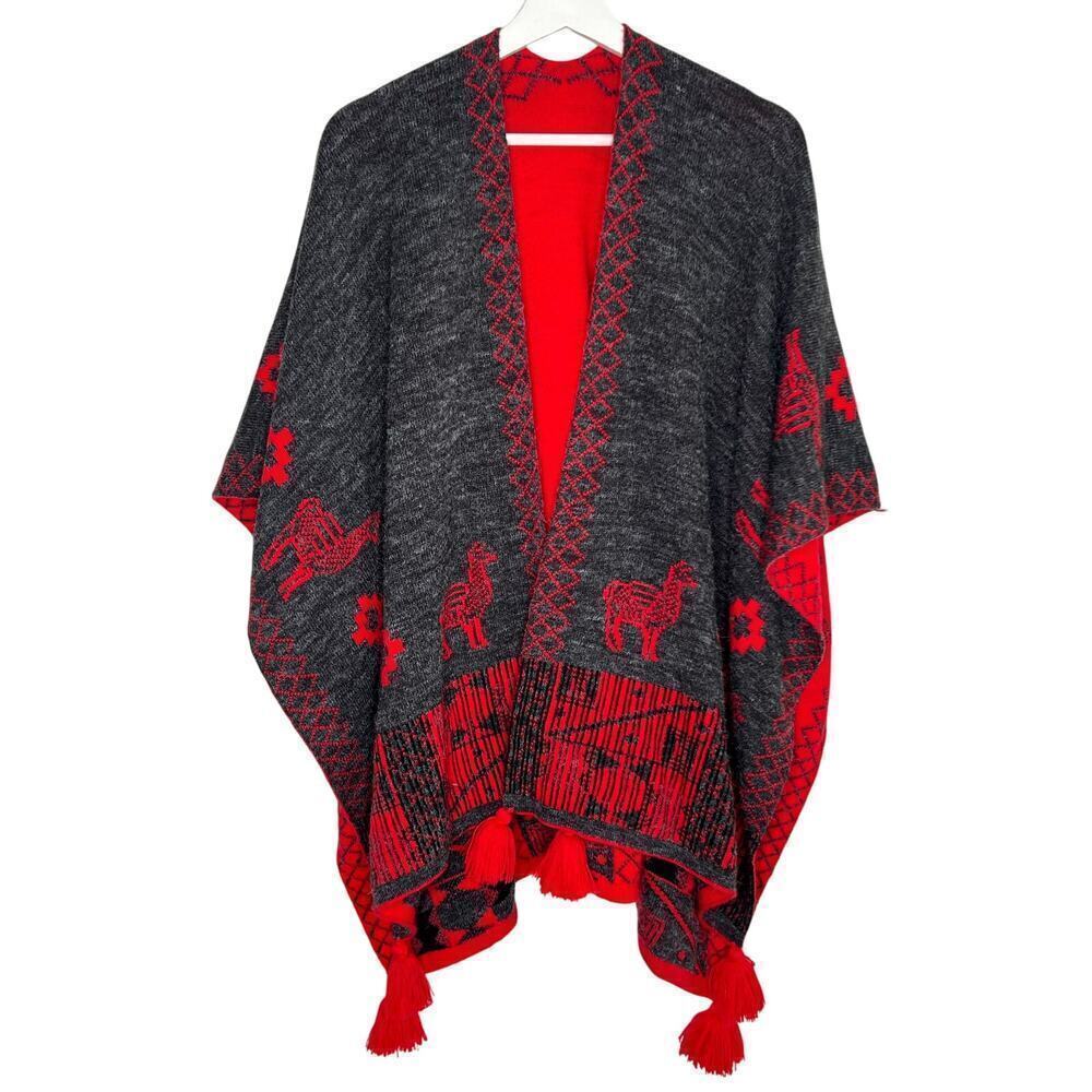 Womens Reversible Poncho Wrap Cardigan Sweater with Tassel Red/Gray One Size